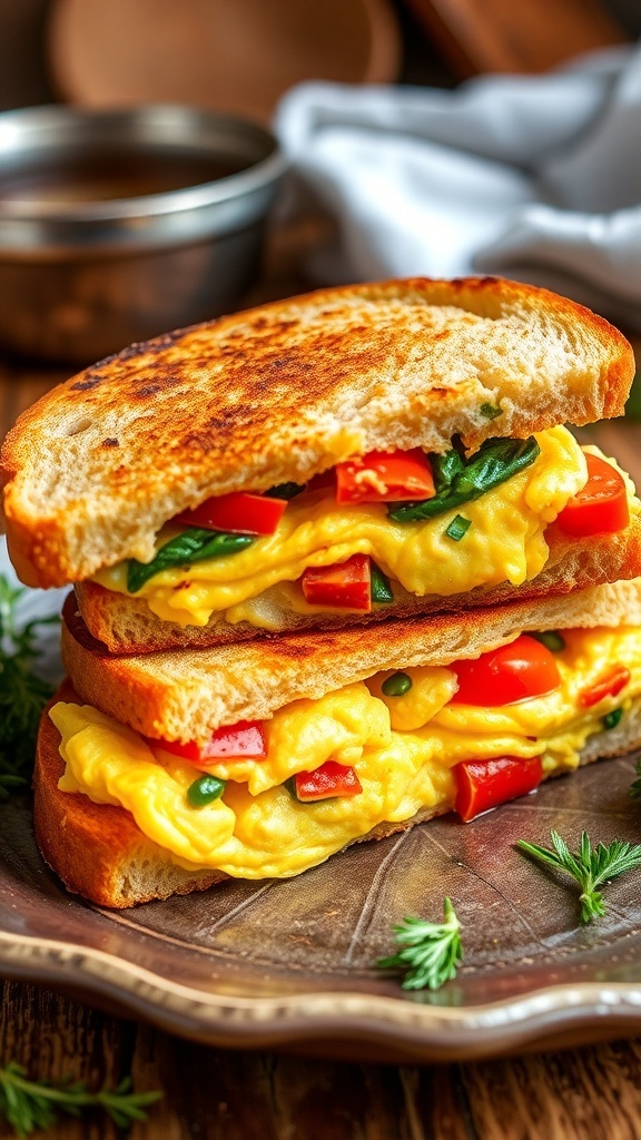 A bread omelette sandwich with a fluffy omelette and vegetables between two toasted slices of bread, garnished with herbs.
